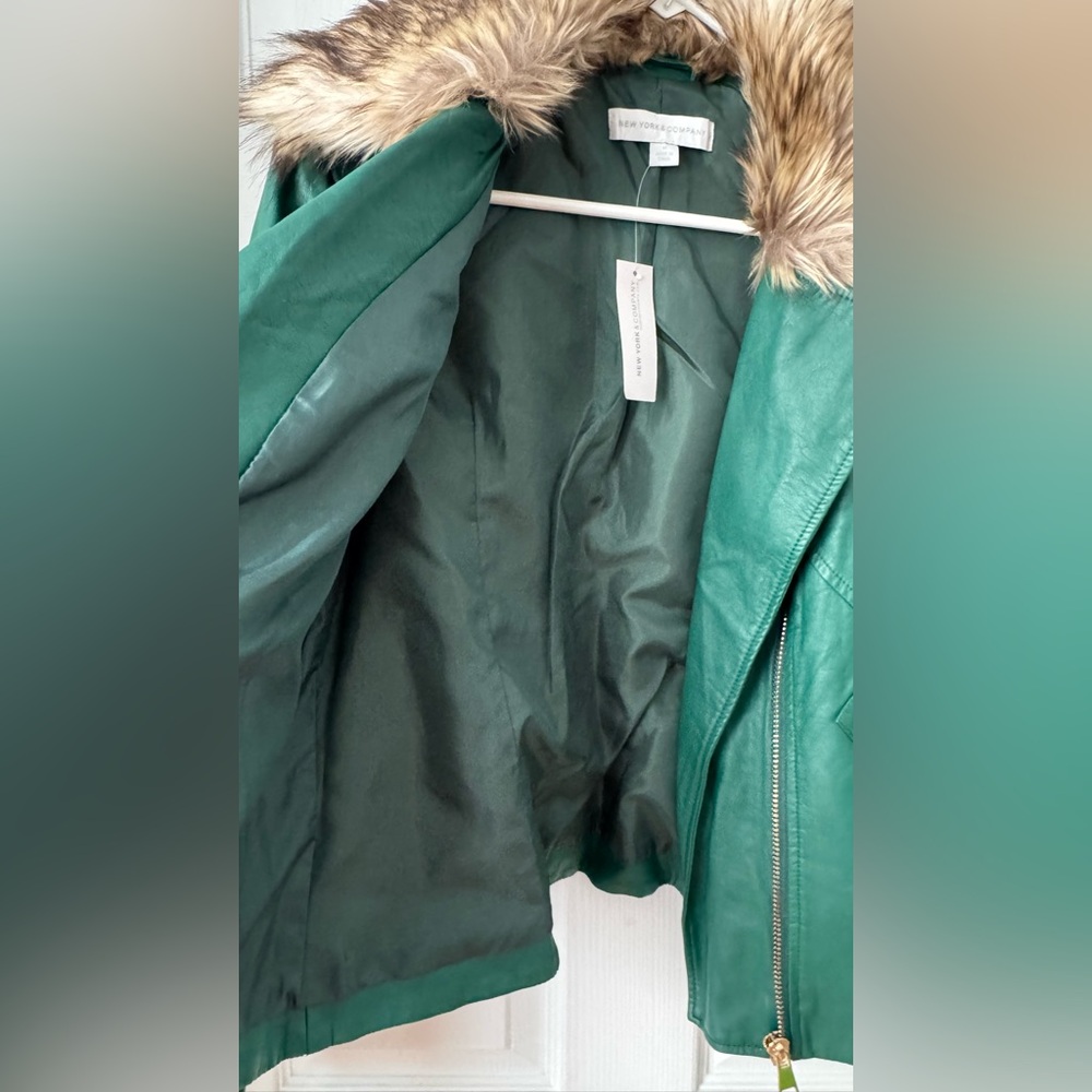 New York & Company Emerald Green Faux Leather Moto Jacket with Faux Fur Trim - Picture 8 of 14